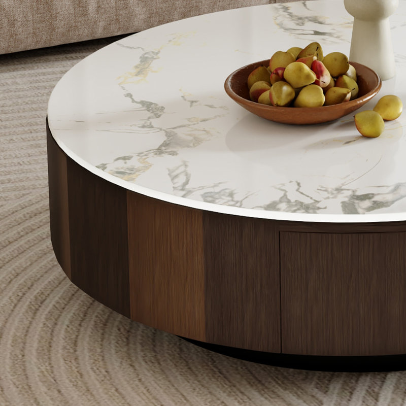 Table basse ronde moderne de 35,5 po, plateau en pierre frittée blanc brillant, table basse en bois massif brun pour le salon