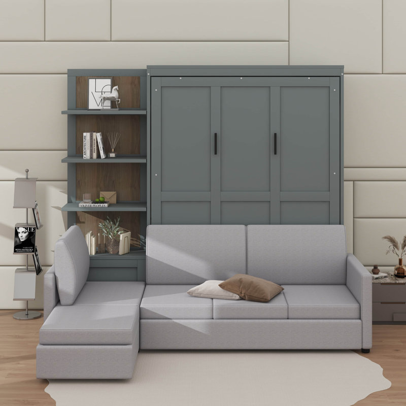 Grand lit escamotable avec canapé et tablettes, Gris