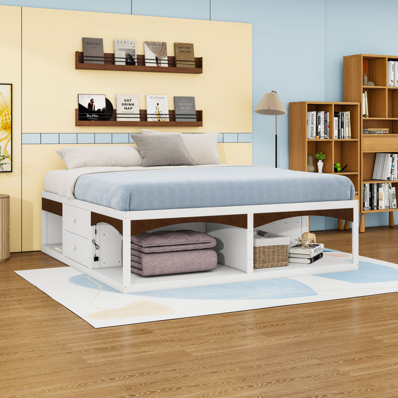 Structure de lit plateforme avec 6 tiroirs de rangement, Blanc