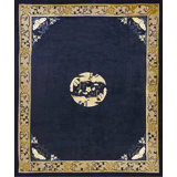 Navy Blue Field Antique Floral Medallion Hand Knotted Pile Chinese Peking Rug