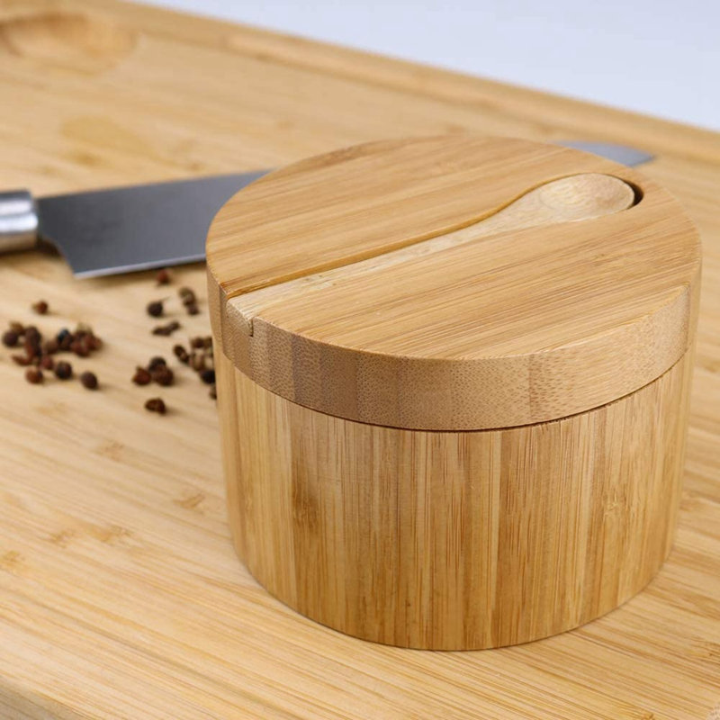 2 Pack Bamboo Seasonings Box With Spoons - Bamboo Salt Box With Lids Bamboo Pepper Spice Cellars Storage Container