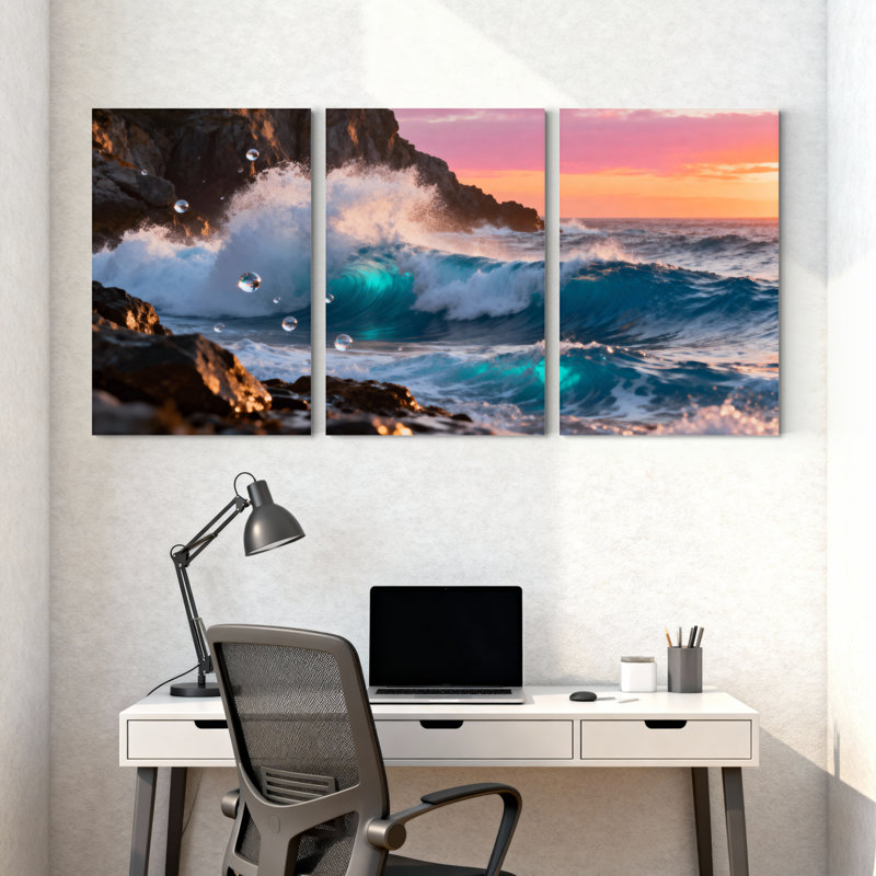 Ensemble de 3 impressions sur toile, "Scenic & Cityscapes Ocean Waves Crash Against Rocky Shoreline", H 30 po x l 60 po
