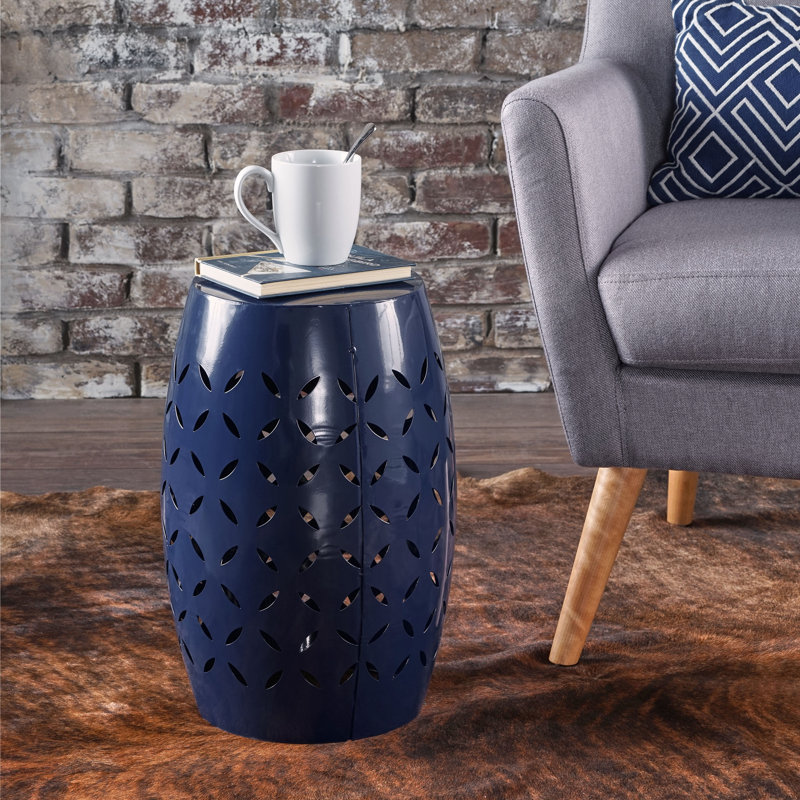 Blue Metal Outdoor Side Table, Barrel-Shaped with Lace Cutouts, Dark Blue