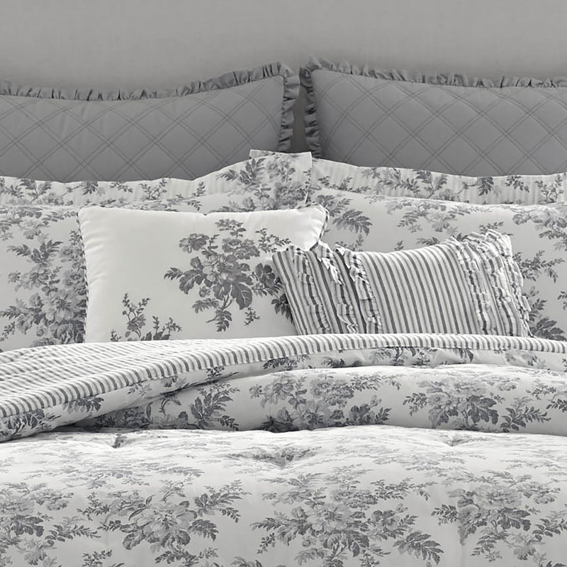 Laura Ashley Solid Ruffled Cotton Bed Skirt, Full Comforter + 4 Standard Sham + 2 Throw Pillow