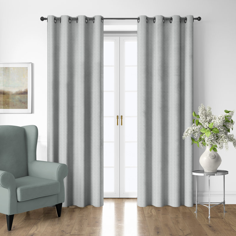 Walker Ticking Stripe Sage Cotton Grommet Top Drapery Panel Set of 2, 50" W  x 108" L