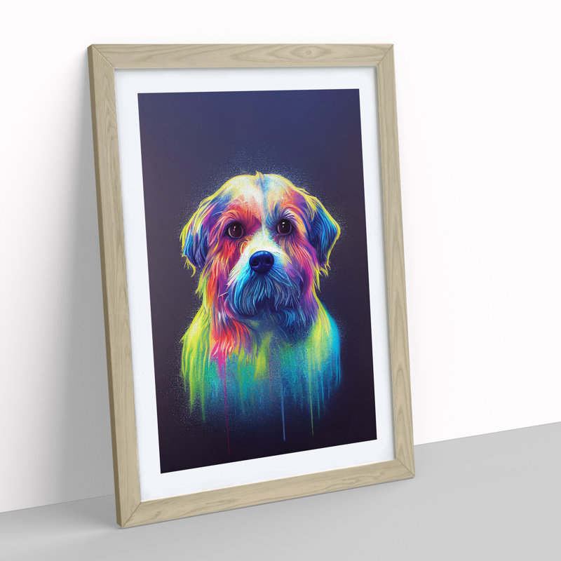 Neon Dog No.5 1 Piece Single Picture Frame Painting, 34cm H x 25cm W x 2cm D, Oak Framed