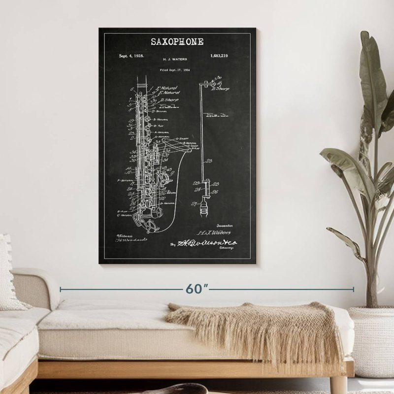 Saxophone BW verni sur toile, H 48 po x l 32 po x P 1,25 po