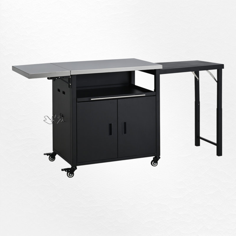 Chariot pour îlot de cuisine extérieur avec table d'appoint pliable, armoire de rangement, station de préparation sur roulettes