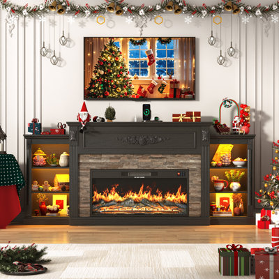85 Inch Farmhouse TV Stand with 36 Inch Electric Fireplace, Faux Stone Mantel, APP & Remote Control LED Lights, Built-in Power Strip, Adjustable Storage Console, Entertainment Center for TVs Up to 95 Inches