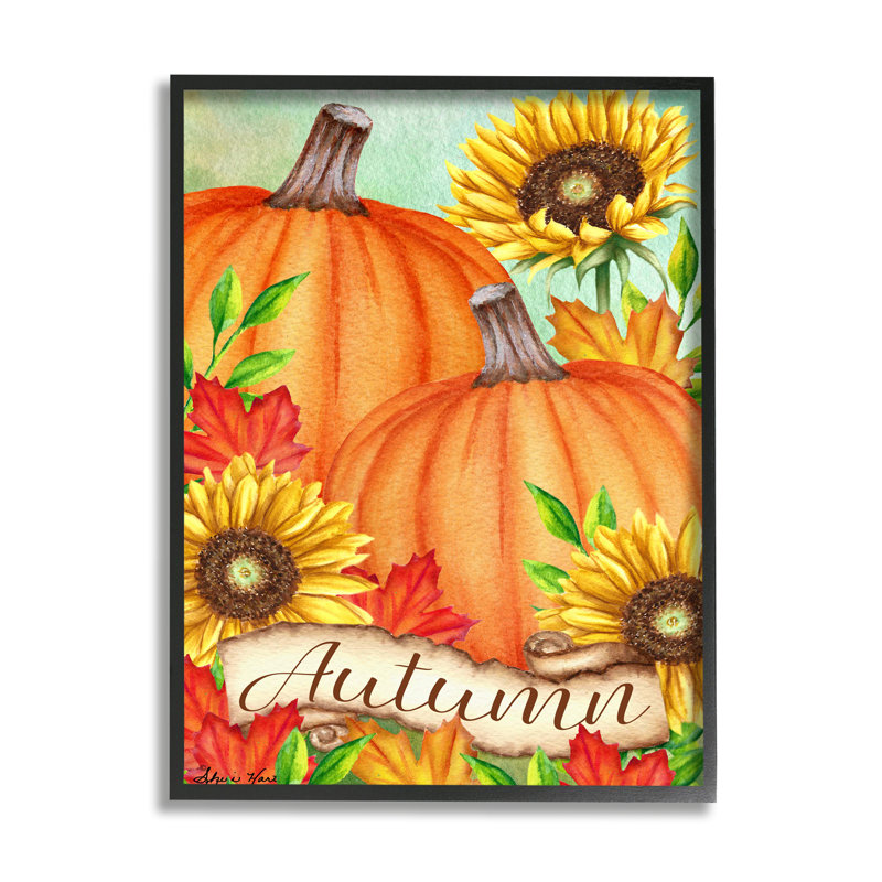 Citrouilles d’automne avec feuilles de tournesol rouge par Sheri Hart-impression d’art graphique, Giclée encadrée noir minuit
