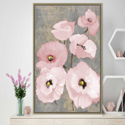 «Kindle's Blush Poppies II», reproduction sur toile en rose / gris / noir