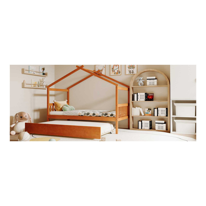 Lit simple en bois avec lit gigogne simple, noyer