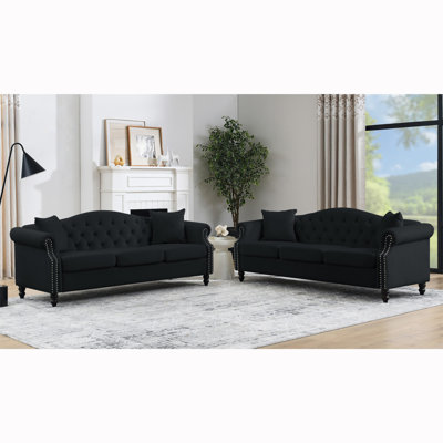 79"" Chesterfield Sofa Black Velvet For Living Room, 3 Seater Sofa Tufted Couch With Rolled Arms And Nailhead For Living Room, Bedroom, Office, Apartme -  Canora Grey, 126CCE056F7F452FADFCF01FBACBEE33