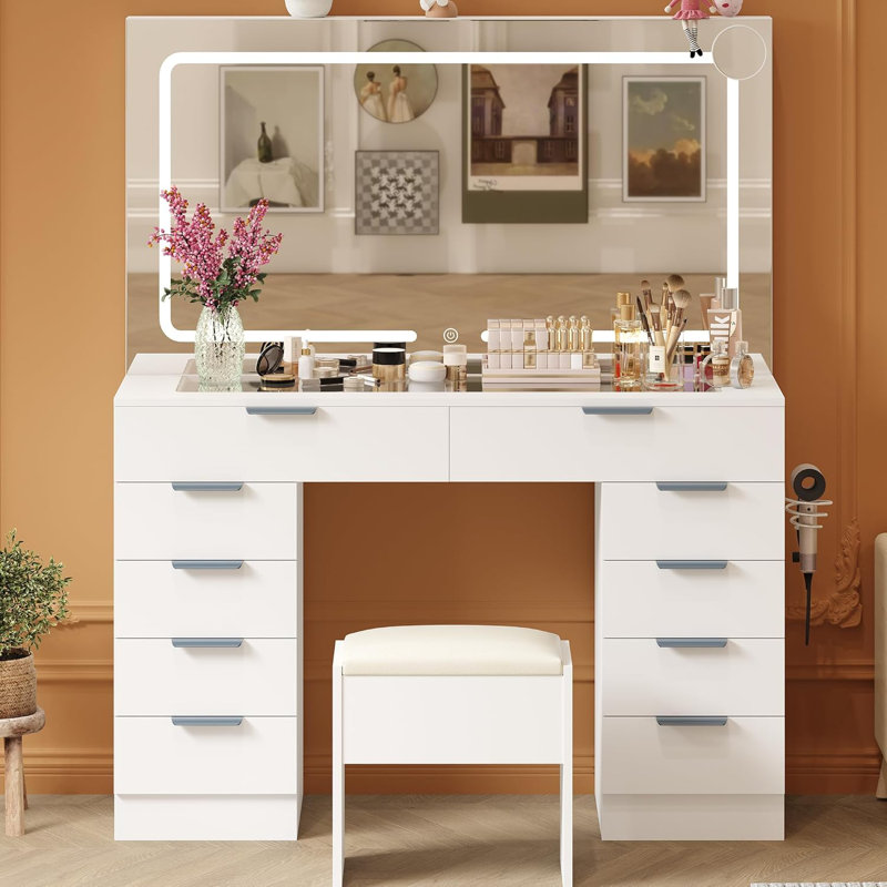 Coiffeuse moderne avec miroir lumineux, 10 tiroirs, prise de courant et tabouret - Bureau de maquillage réglable