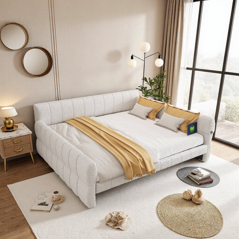 Très grand lit plateforme tapissier avec ports de chargement USB et revêtement en laine d'agneau, White