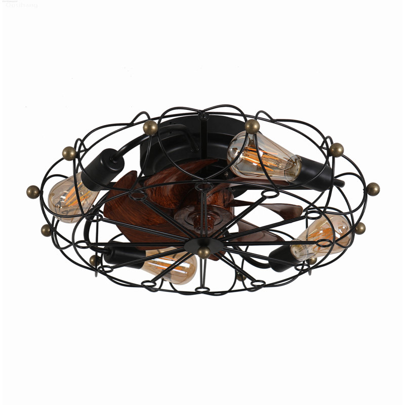 Ventilateur de plafond rustique industriel en cage avec lumières réversible 6 vitesses télécommande blanche, White