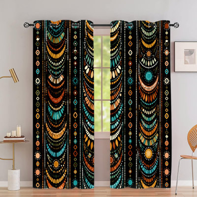 2PCS Grommet Top Ethnic Boho Pattern Printed Curtain Drapes, Thermal Insulated Blackout Room Darkening Curtains with Privacy Protection, Decorative Indoor Window Treatments for Living Room Bedroom Dormitory Home Decor