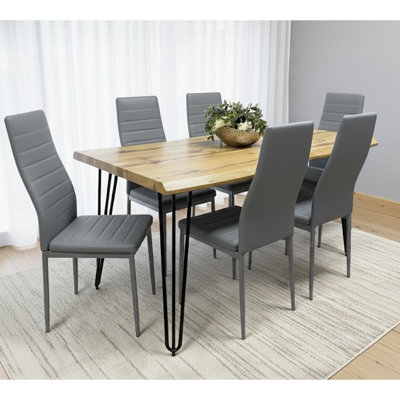 Modern Dining Table Set With 6 Faux Leather Chairs Dining Room Furniture