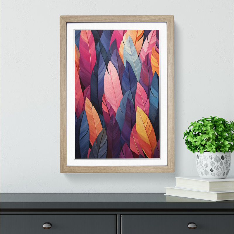 Feather Geometric - Single Picture Frame Print on Wood, Oak, 46cm H x 34cm W x 2cm D