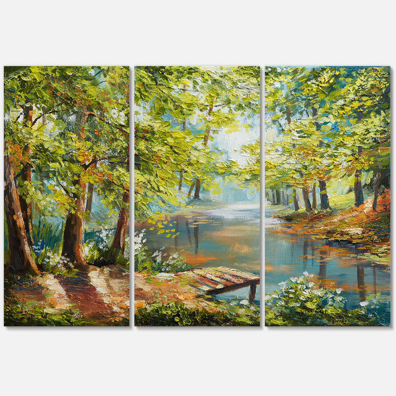 Forêt d'automne avec rivière sinueuse - peinture sur toile tendue 3 pièces