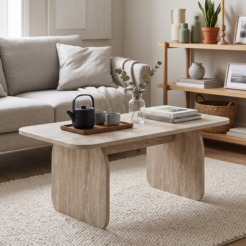 Table basse moderne, plateau et base sculpturale (39,4'' L x 23,6'' P x 16,5'' H), Travertine/Milano Walnut
