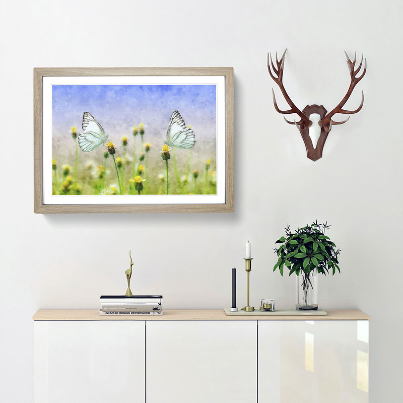 Two Butterflies upon Yellow Flowers - Framed Print, 62cm H x 87cm W x 2cm D, Oak Framed