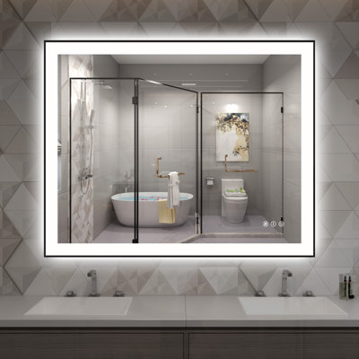  Miroir mural de salle de bain 32 po x 40 po en aluminium noir avec lumières, résistant aux bords noirs, anti-buée, à intensité variable, 3 couleurs, miroir de meuble-lavabo à DEL à fonction mémoire, verre trempé homologué ETL