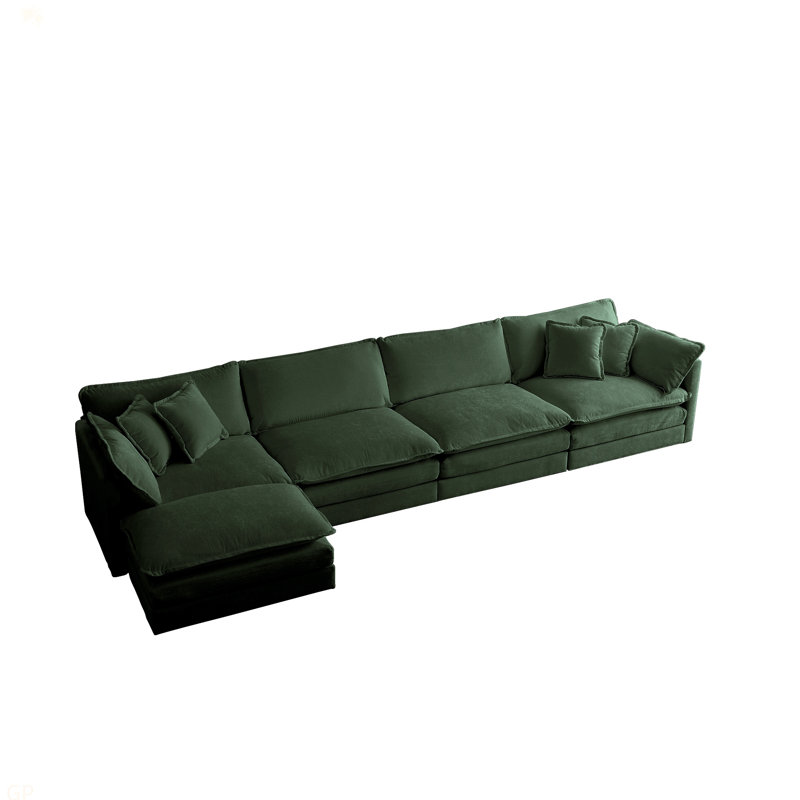 Canapé modulaire modulaire pour le salon, canapé en U convertible 5 places avec 1 repose-pieds, Chenille verte