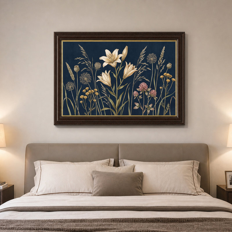 Art botanique sur toile bleu marine, H 12 po x l 18 po