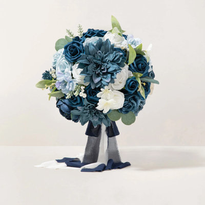 Navy Blue Bridal Bouquet For Bride, Blue Wedding Bouquets For Bride, 11 Inch Silk Round Artificial Wedding Flowers Bouquets