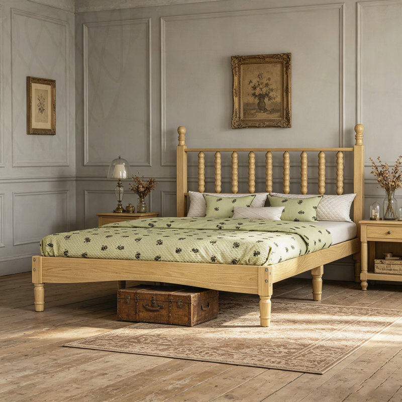 Lit plateforme en bois avec tête de lit en forme de gourde, style rétro et support en lattes de bois robuste pour un sommeil confortable