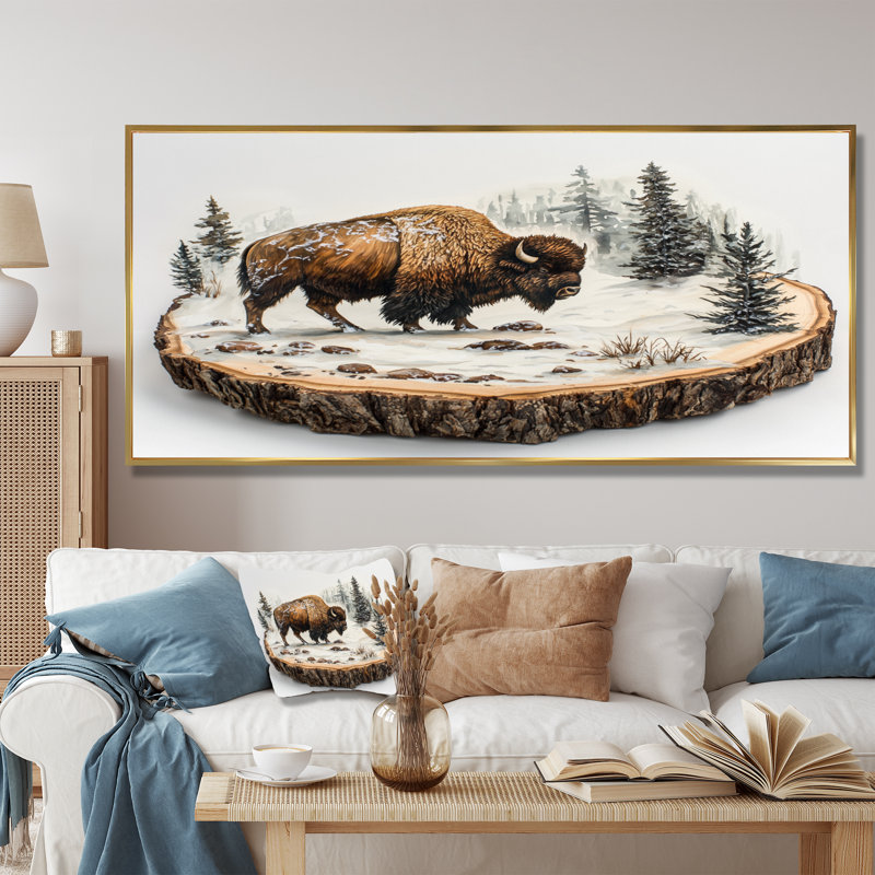 Marven Bison in Winter Forest Landscape II - Bison, art mural, H 28 po x l 60 po, Cadre flottant, Doré