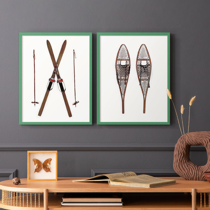 Skis rétro - reproduction encadrée de qualité supérieure - prêt à être accroché - aucun clou requis - aucun clou requis, Gris