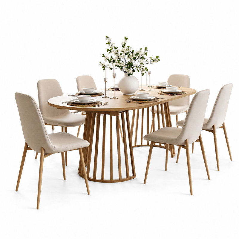 6- Person Dining Table Sets With Extendabe Oval Table & 6 Upholstered Dining Chairs, Beige