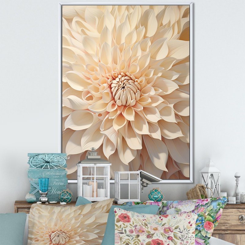 Minimalisme dahlia beige sur toile, H 20 po x l 12 po x P 1 po, Cadre flottant blanc