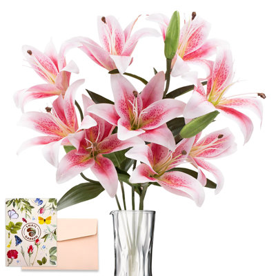 12 Artifical Lily Flowers with 9 Heads Full Bloom Lily & 3 Buds, Long Stem Artificial Stargazer Lilies, Faux Tiger Bouquets for Home Hotel Flower Arrangement Party Decor