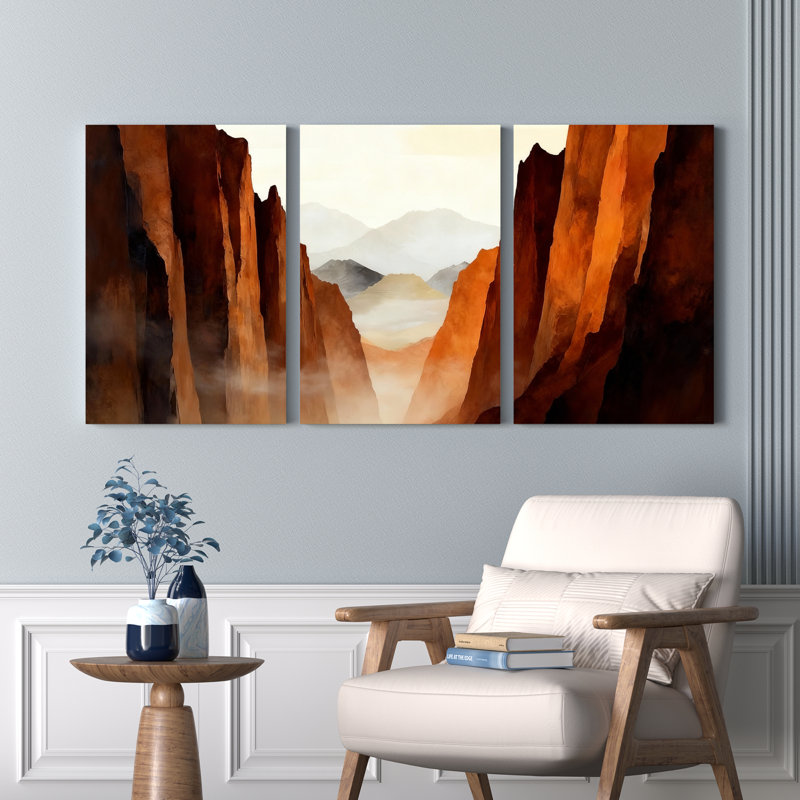 Ensemble de 3 tableaux sur toile représentant un paysage de canyon désertique, H 24 po x l 48 po
