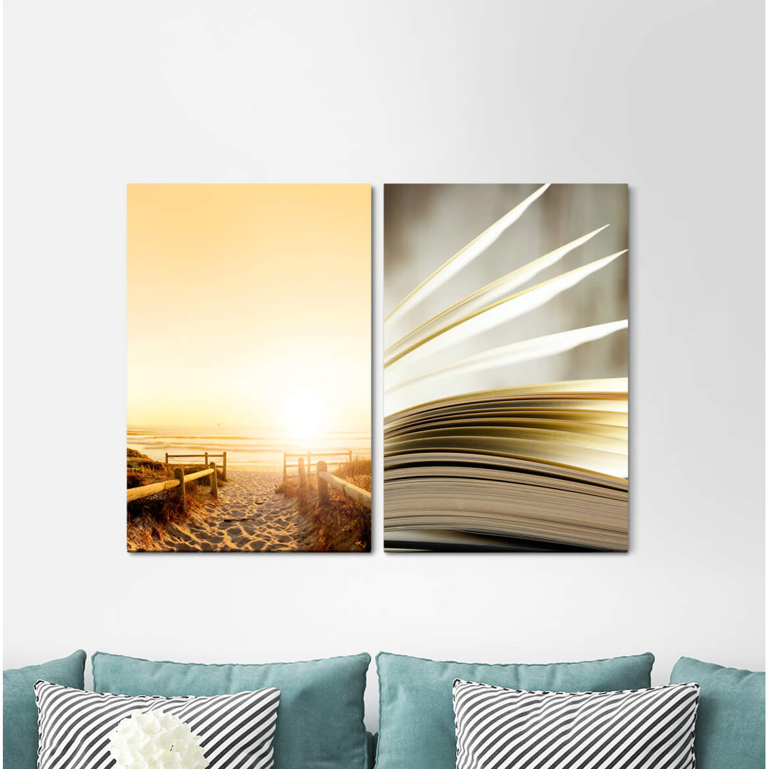 2-tlg. Leinwandbilder-Set - Fotografie „Sandy Beach Dunes Baltic Sea Book Pages Summer Sunset”