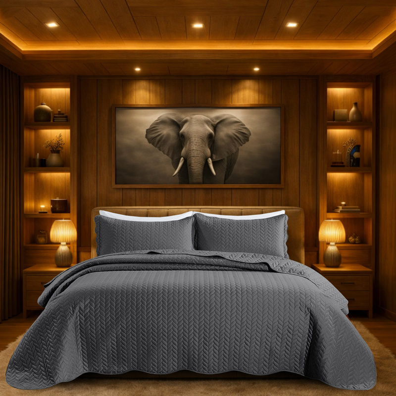 Microfiber Embossed Oversized Bedspread Set With Shams – Modern & Contemporary, Machine Washable, Dust-Resistant, Gray