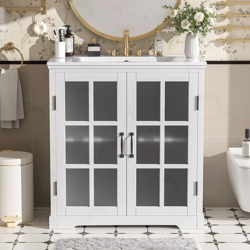 Meuble-lavabo avec porte en verre trempé, Blanc