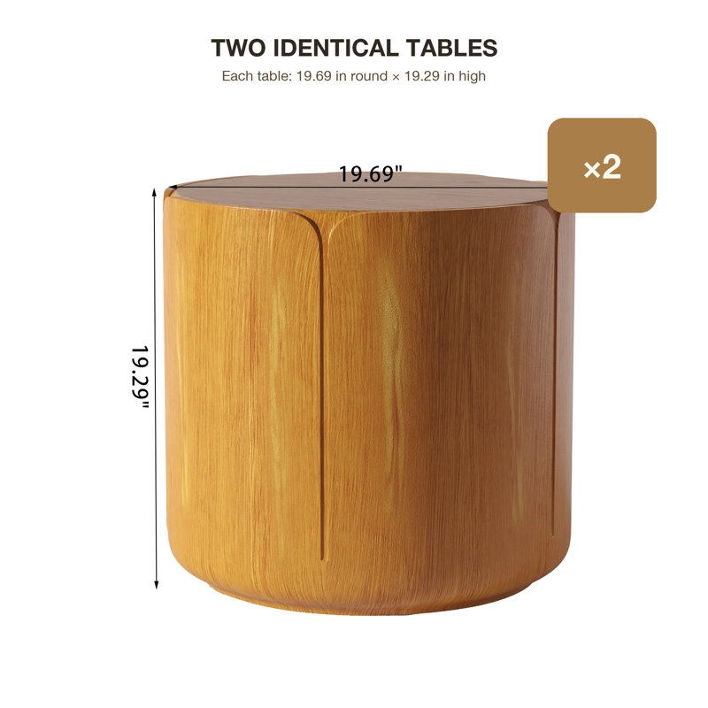 Ensemble de tables d'appoint pour l'extérieur 19,29 po H, ensemble de tabourets de jardin en grain de bois moderne, robuste en oxyde de magnésium imperméable, table sans assemblage pour patio, jardin, cour, salon, couleur de bois, ensemble de 2