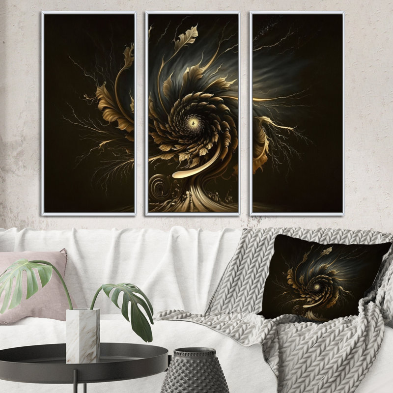 A Black and Gold Expression II - 3 pièces, reproduction sur toile, Blanc, H 32 po x l 48 po x P 1 po