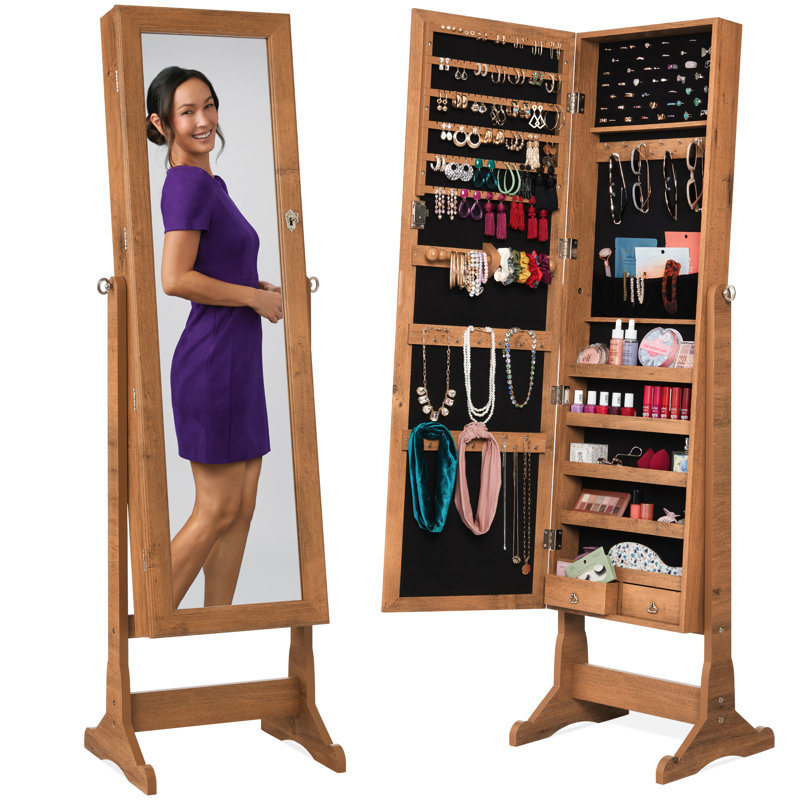 Naiyana Winston Porter Jewelry Armoire Cabinet, Full Length Mirror w/ Velvet Storage Interior, Lock, Rustic Brown