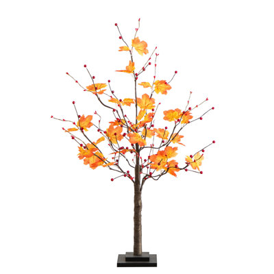 3Ft. Pre-Lit Autumn Maple Artificial Fall Tree With Berries And 36 Warm White LED Lights