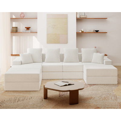 128" W Compression Modular Sectional Sofa Velvet Sleeper Sofa with Reversible Chaise Living Room Set