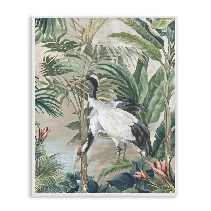 Tropical Oasis Cranes, art de la giclée encadrée par Eli Jones, Giclée encadrée blanc bord de mer, H 20 po x l 16 po
