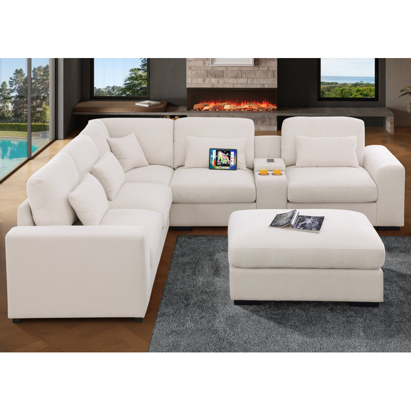 Canapé modulaire surdimensionné en chenille surdimensionné de 124,5 po avec repose-pieds et console - canapé moderne en forme de L pour meubles de salon
