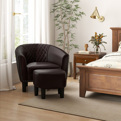 Alverstone 28.4" Wide American Traditional Faux Leather Barrel Chair with Ottoman