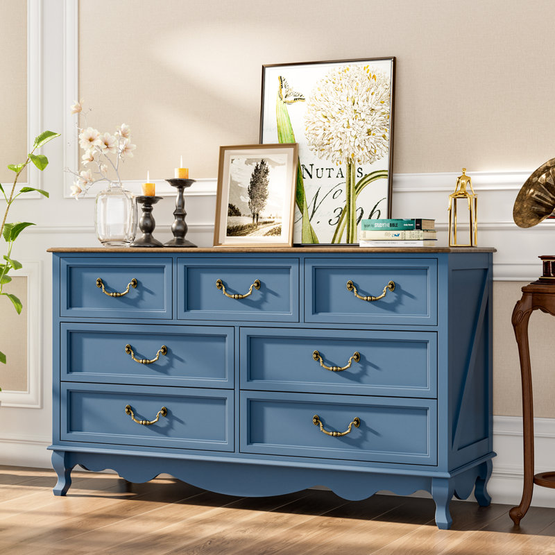 Commode à 7 tiroirs de 54 po de large avec commode de chambre anti-basculement, Marine
