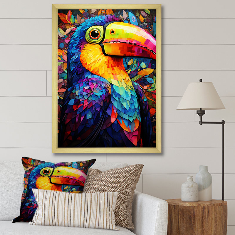 Vibrant Yellow and Blue Tropical Toucan Canvas Print with Gold Frame